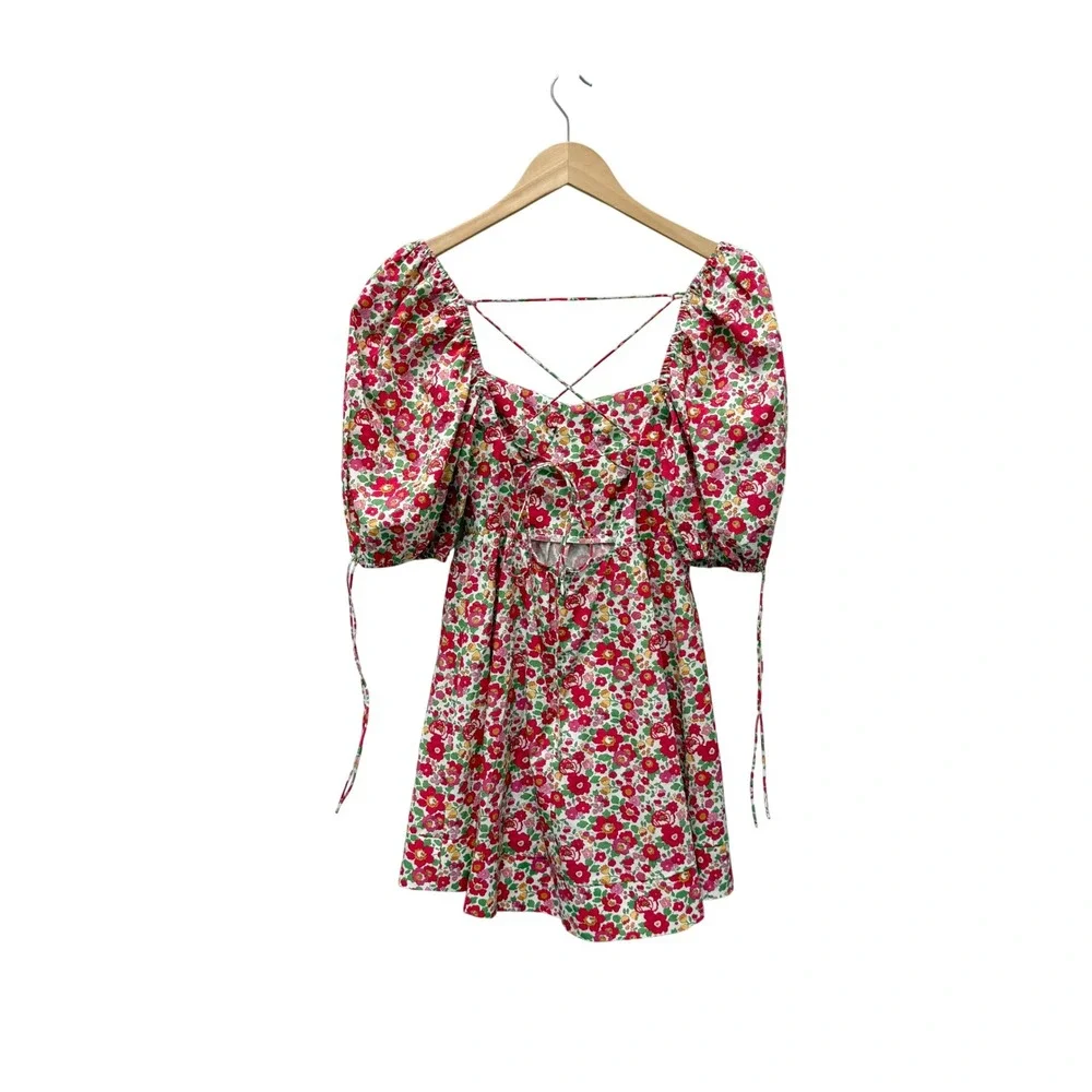 For Love & Lemons XS Floral Puff Sleeve Lace Up Back Mini‎ Dress Red Pink Cotton